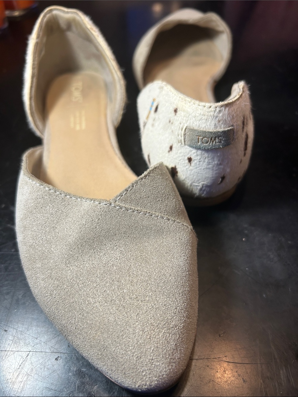 Toms Two-Tone Beige Pointed D'Orsay Flats with Pony Hair on Back Heels: SIZE 9